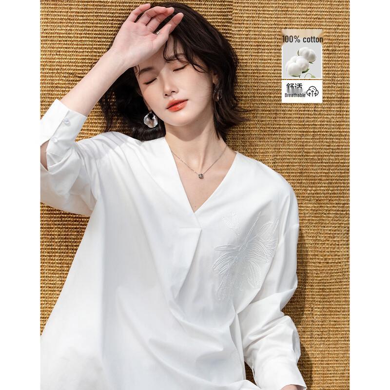 Женская хлопковая рубашка Demana с V-образным вырезом, вышивкой и длинными рукавами S