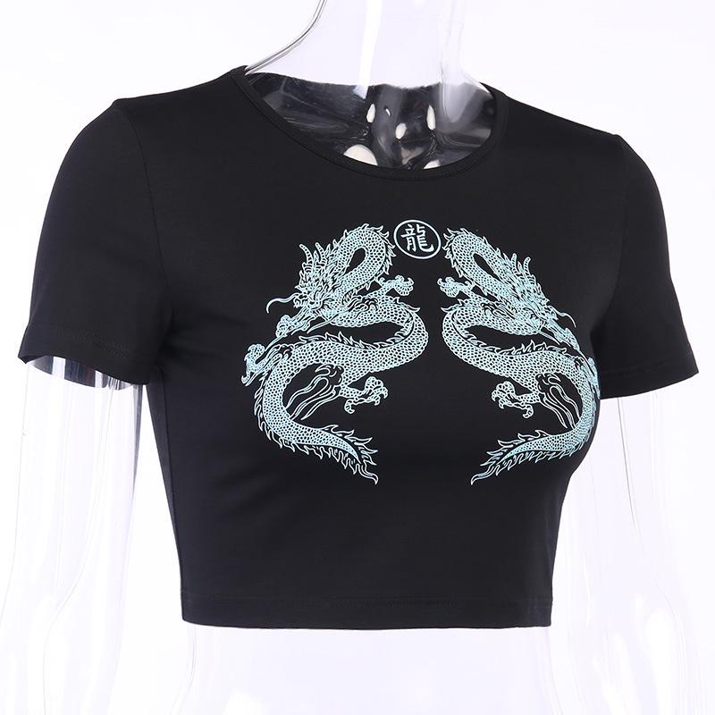 2024 Dragon Print Women's Cotton Crop Top - Short-Sleeve, Versatile Chinese Style Fashion.