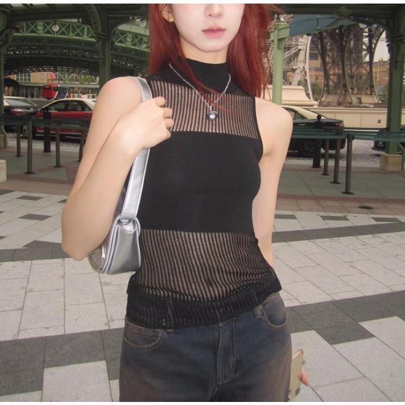 Women's Summer Hollow Half High Neck Sleeveless Thin Tank Top