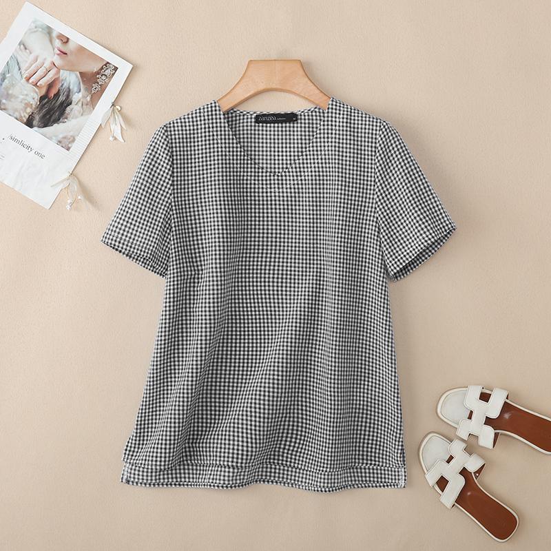 

ZANZEA Женская повседневная блузка с круглым вырезом, короткими рукавами и свободным принтом в клетку M чёрный