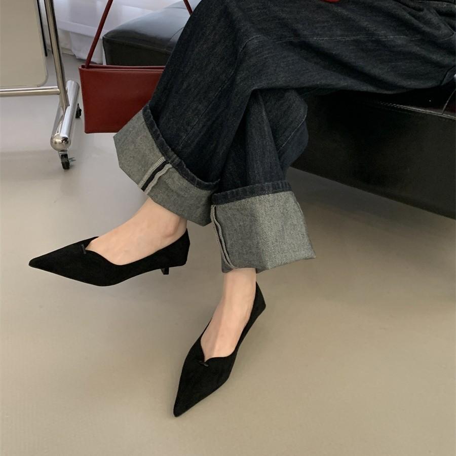 2025 New Pointed Suede Cat Heel High Heels Women's Thin Heel Shallow Mouth Single Shoes Autumn Versatile Professional Work Shoes