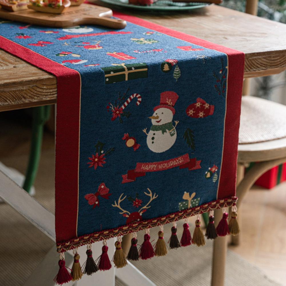 Christmas Table Runner Snowman Blue Decor Long Dining Table Cloth for Holiday Decoration