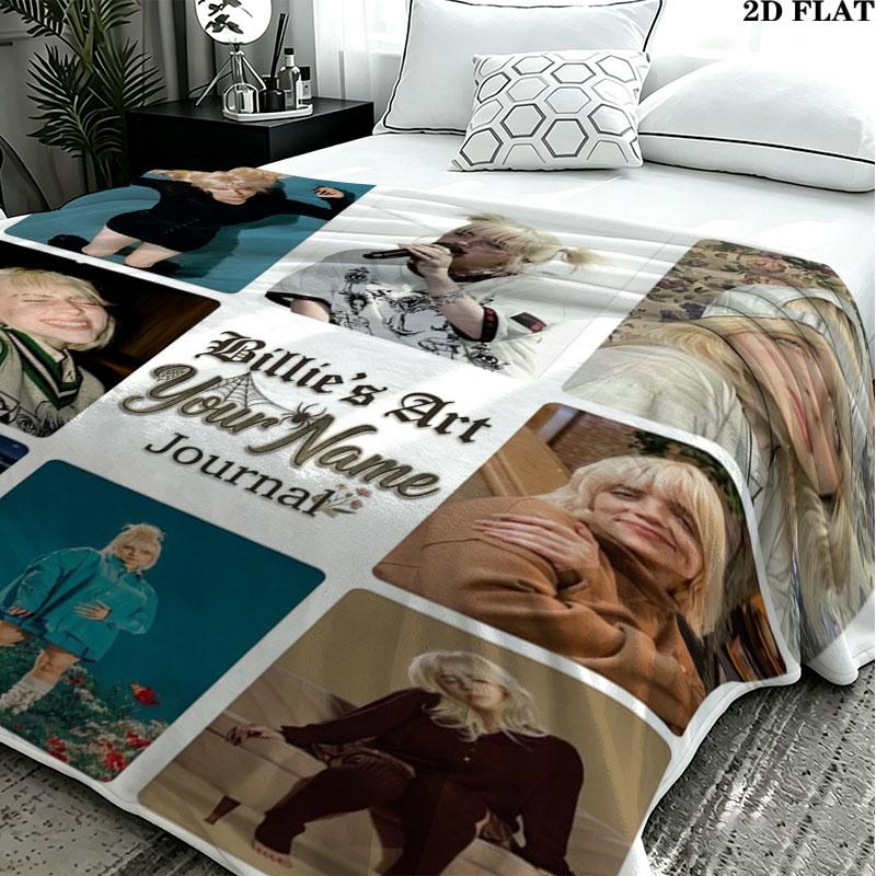 1PC Billie Eilish Custom Name Patterned Flannel Blanket Suitable For All Seasons for Home Decor Warmth and Comfort Gifts Holiday Present