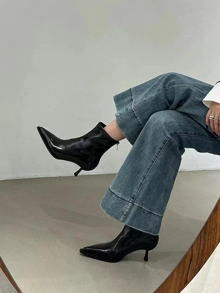 Spring Women's Pointed Toe High-heeled Short Boots with Stiletto Heelsoptional Fleece Lining Medium-heeled Fashion Women's Boots