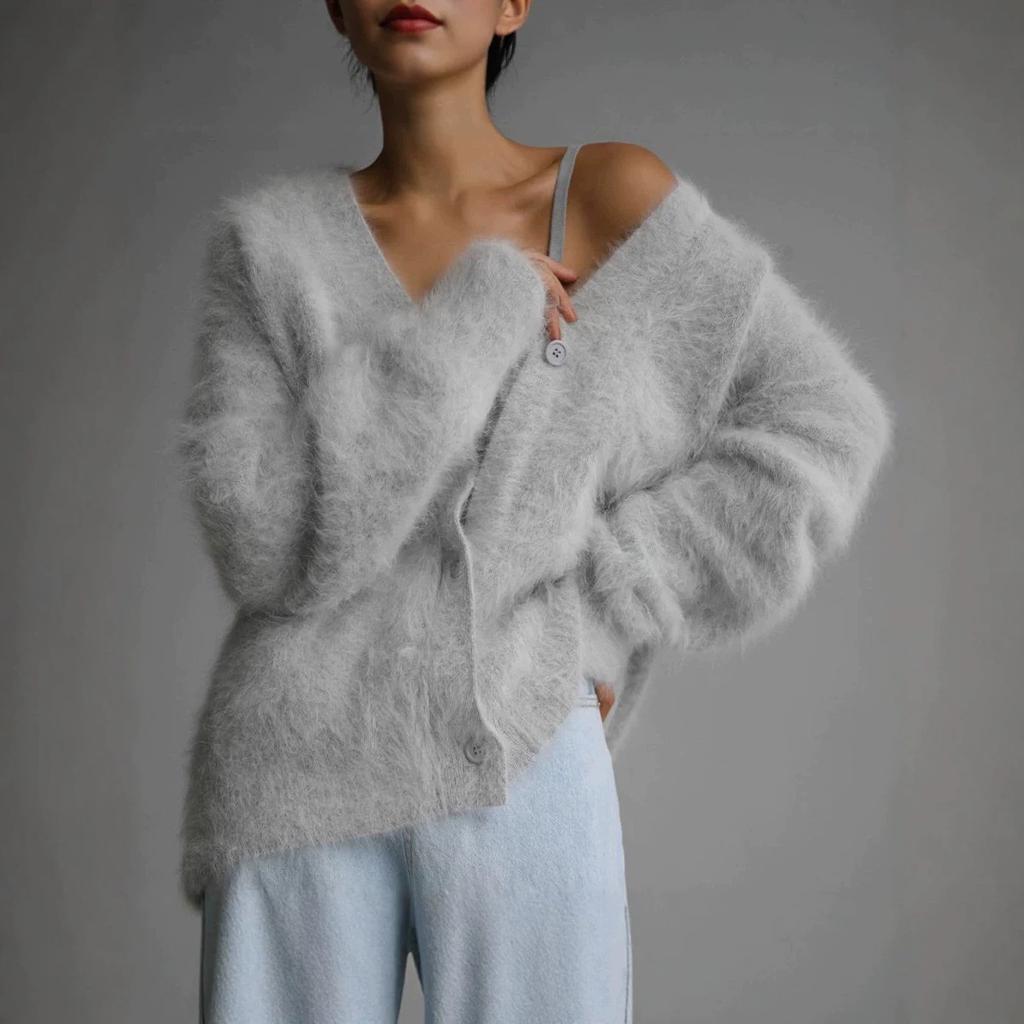 Autumn and winter mink V-neck women's knitted sweater new loose solid color cardigan women's coat