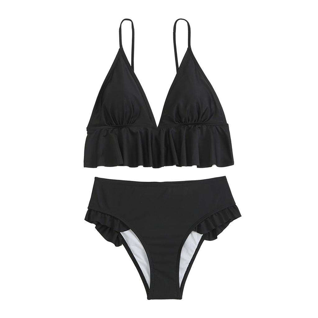 Women Two Piece Swimsuit Ruffle Hem Bikini Set Adjustable Straps High Waist Bottoms Soft Fabric Swimwear