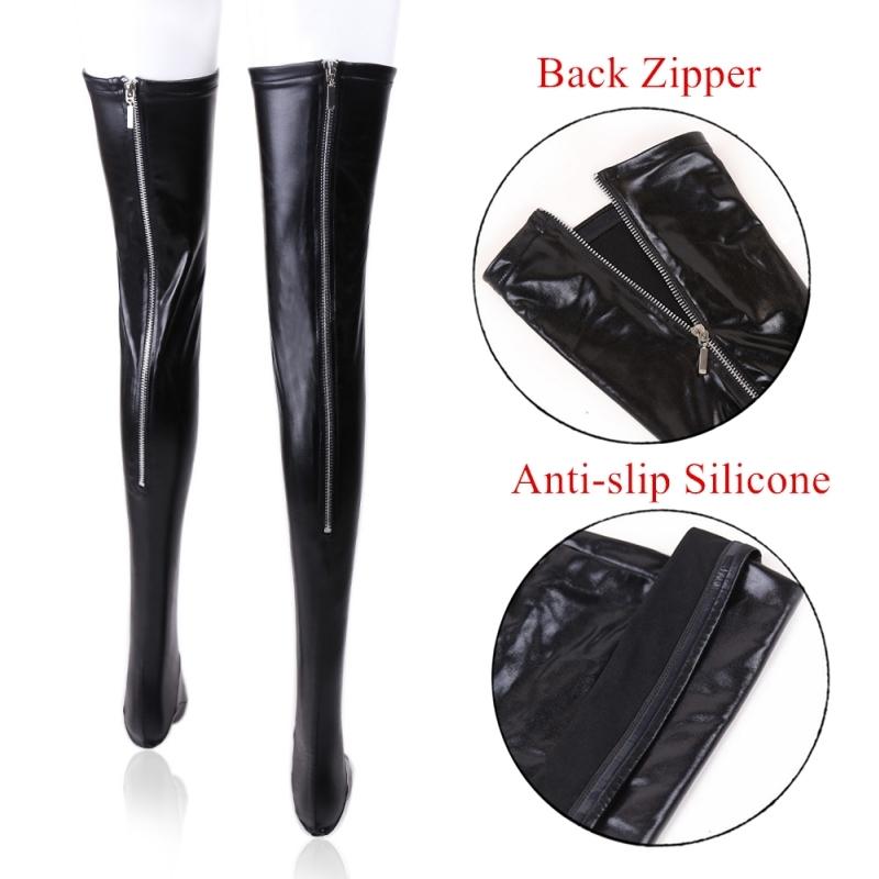 Black Sexy Patent Leather Boots Silicone Stay Up Thigh High Stockings Women Plus Size Party Socks  Pole Dance Clubwear