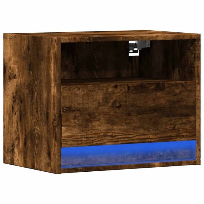 VidaXL Wall-mounted Bedside Table with LED Lights Smoked Oak, Floating Bedside Table, Phone Holder, Bedside Table 852069