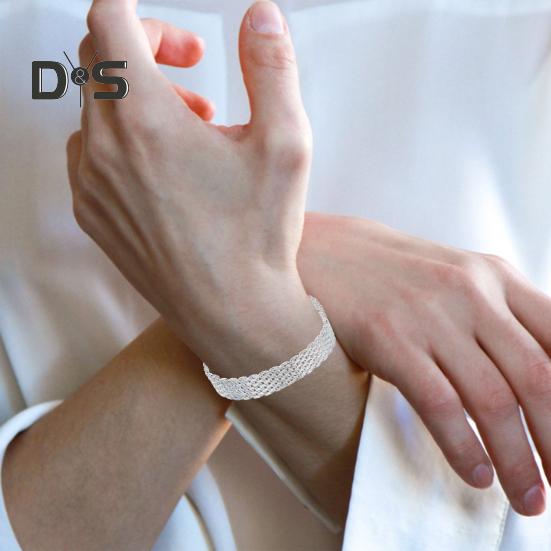 Women Bracelet Adjustable Braided Hollow Out Silver Color Polished Wide Couple Bangle Daily Wear Prom Wrist Jewelry Holiday Gift