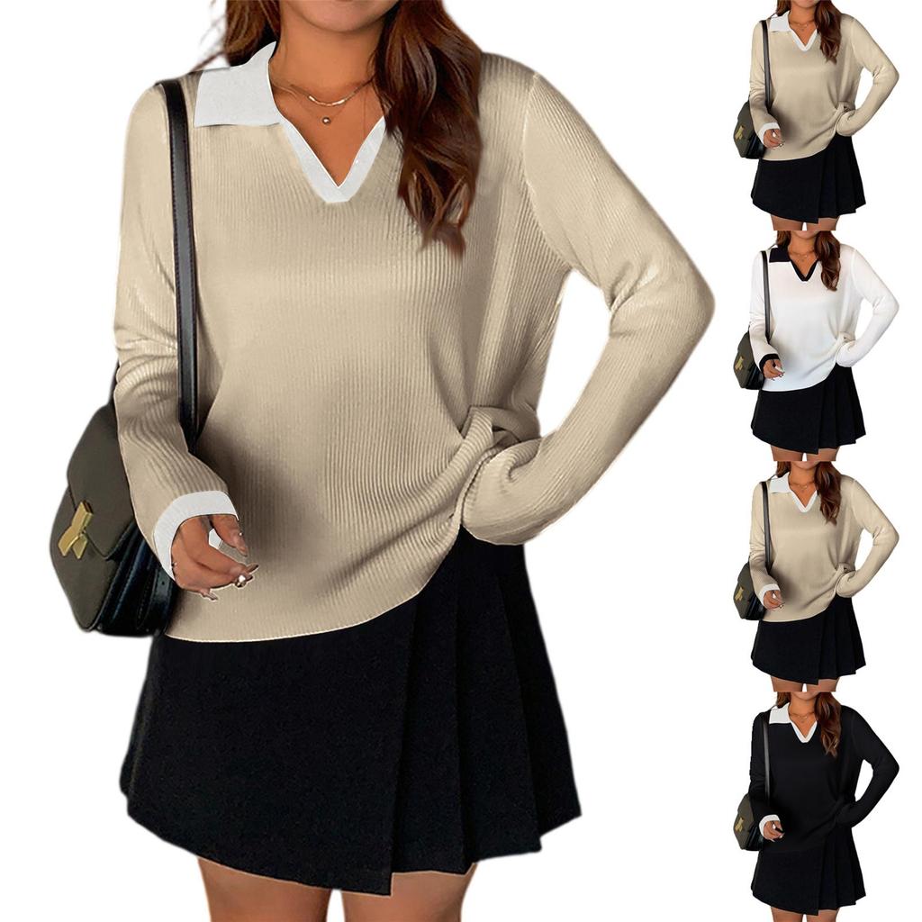 Women's Fashion Casual Colorblock Comfortable Lapel Long Sleeve Knitted All-match Sweater Top