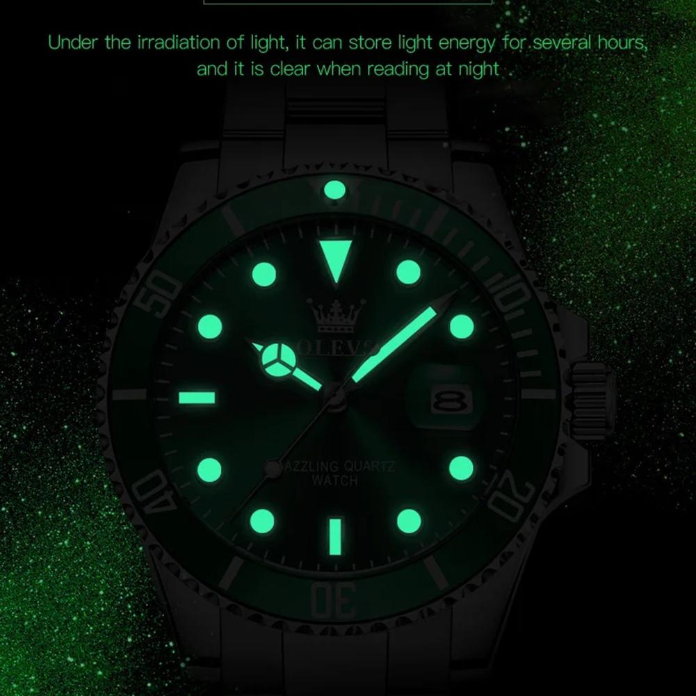 Herrenuhren Grünes Zifferblatt Wasserdicht Edelstahlarmband Kalender Quarzuhr Leuchtend Luxus Herrenarmbanduhr