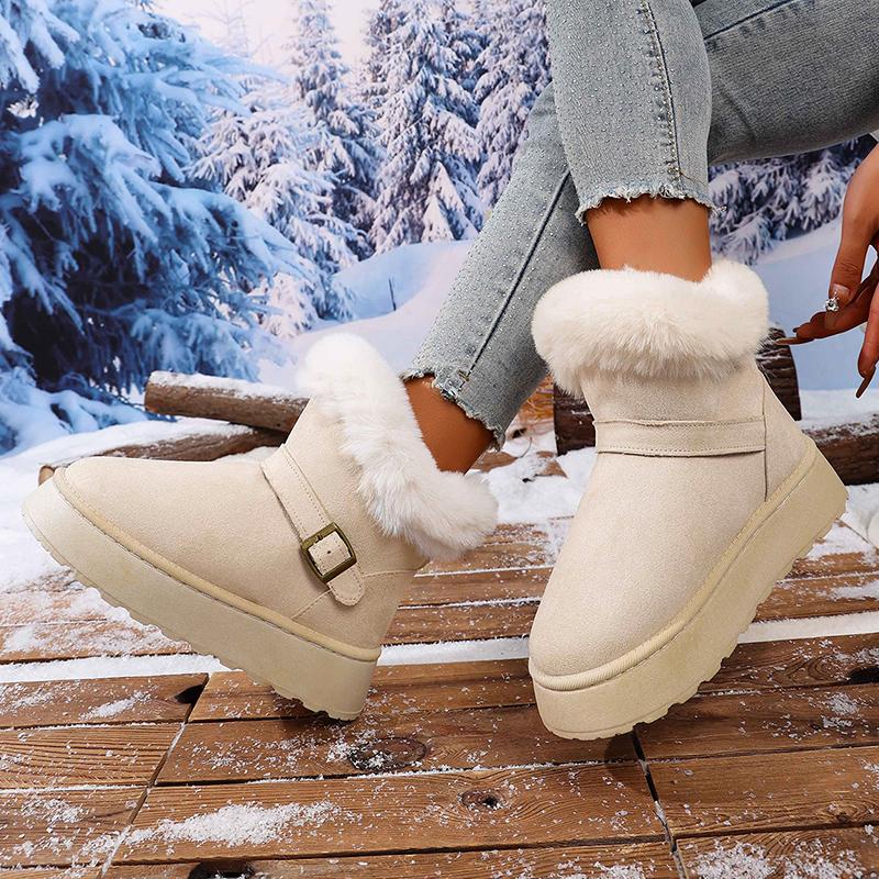Fashion Fashion Buckle Faux Fur Snow Boots for Women Warm Plush Lining Platform Winter Boots Woman Non Slip Faux Suede Ankle Botas Mujer