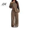 Solid Color Matching Sets Women Sweatshirt Pants 2-Piece Set, Off Shoulder Long Sleeve Top & Lounge Set Wide Leg Trousers, for Spring Autumn Two