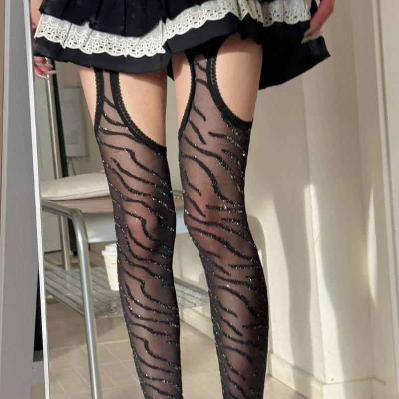 Metallic Zebras Striped Sheer Pantyhose Stockings With Thigh Cutouts Faux Suspender Garter Belt Nylon Tights for Women