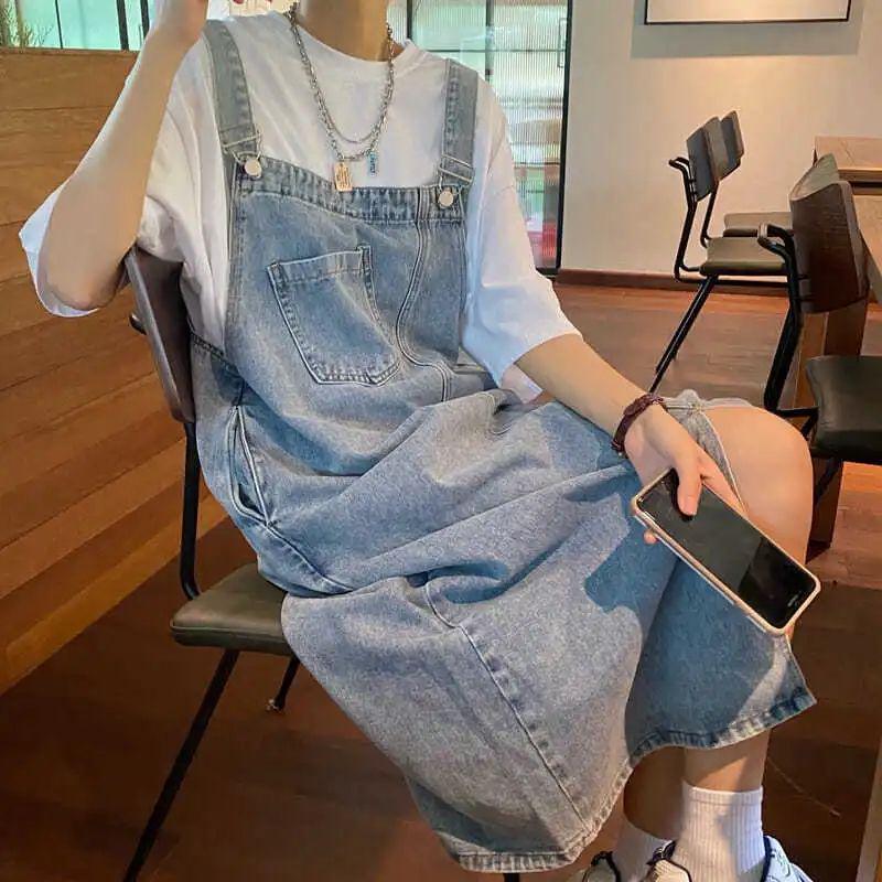 

Women s Retro Loose Denim Overall Skirt - Korean Style, Mid-Length, Versatile Spring/Summer Design S светло-синий