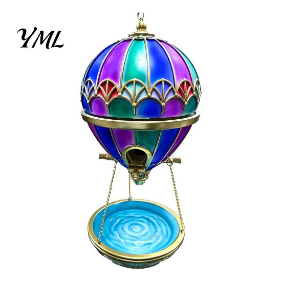 Bird Bath Feeder Hot Air Balloon Feeder, Retro Stained Glass Art with Water Patio Tray, Hanging for Outdoor Garden Backyard Feeding Station