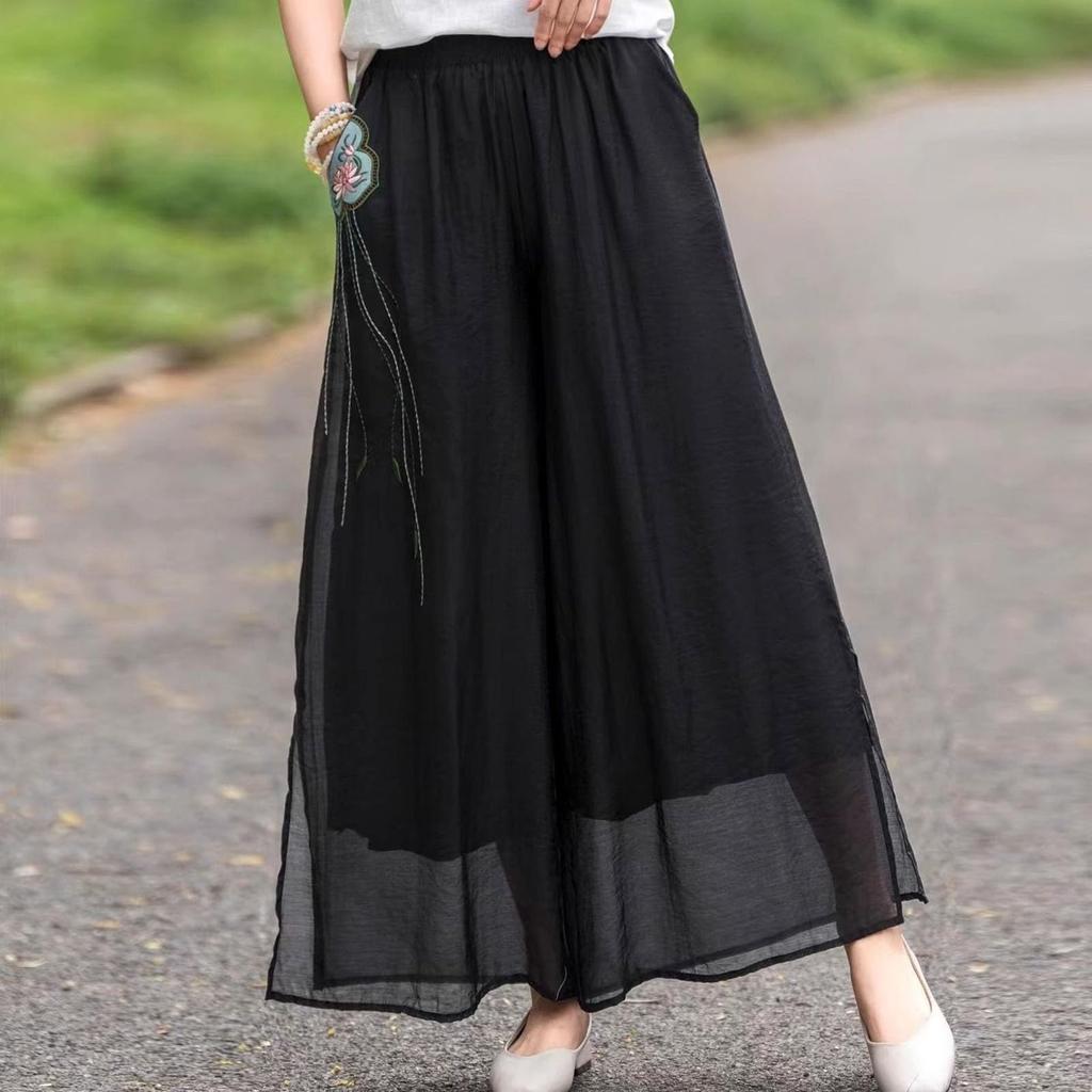 Damen Mode Doppellagige Weite Hosen Exquisite Bestickte Baumwolle Leinen Lässige Hosen