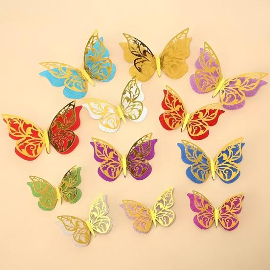 12 Pcs 2 Layer Wings 3D Butterfly Wall Decals Removable Glitter Hollow Butterfly Wall Sticker DIY Room Mural Art