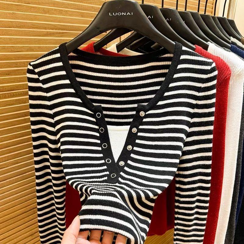 Plus Size Women S Fake Two Piece Long Sleeve Striped T Shirt Fall Casual Top