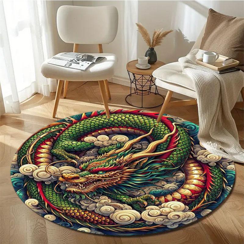 Mystical Dragon Round Area Rug, Polyester Decorative Mat for Office Living Room Bedroom Yoga Balcony Travel, Washable Carpet