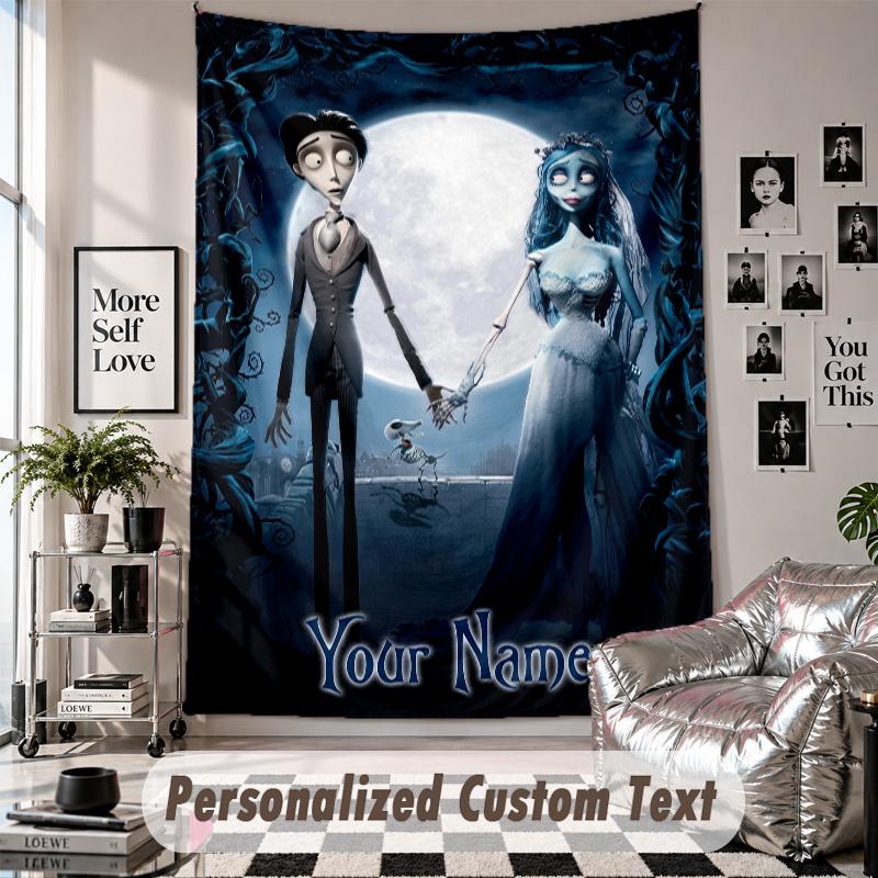 Custom Tapestry Wall Hanging, Corpse Bride Emily Victor Personalized Name Text Home Wall Decor