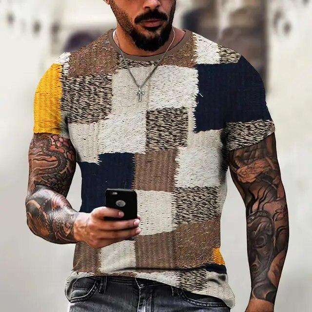 Spliced Men's T-Shirt Retro Short Sleeved Tees Men's Clothing Plaid Pattern Printed T-Shirts Oversized European Tops
