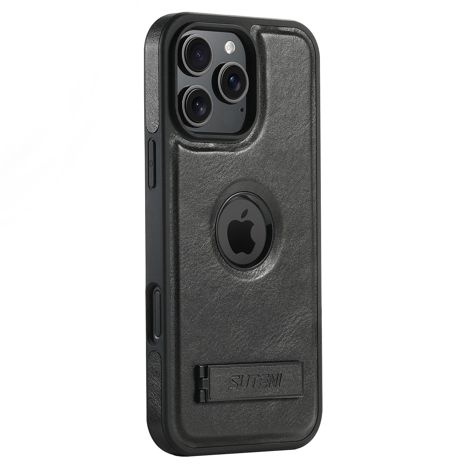 

SUTENI G2 For iPhone 16 Pro Magnetic Case Leather Phone Back Cover Waxy Texture Kickstand Black