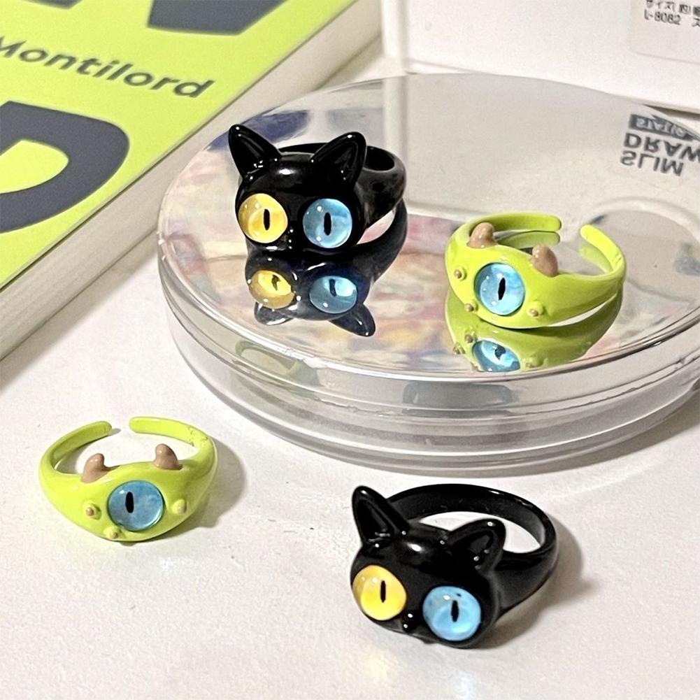 Funny Black Cat Green Monster Ring Fashionable Personalized Opening Adjustable Ring Jewelry Accessory