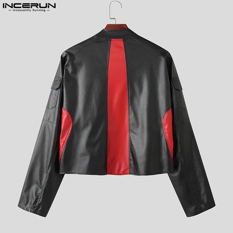 INCERUN Autumn Men Collarless Long Sleeve Zip-up PU Leather Casual Cropped Coats Jackets