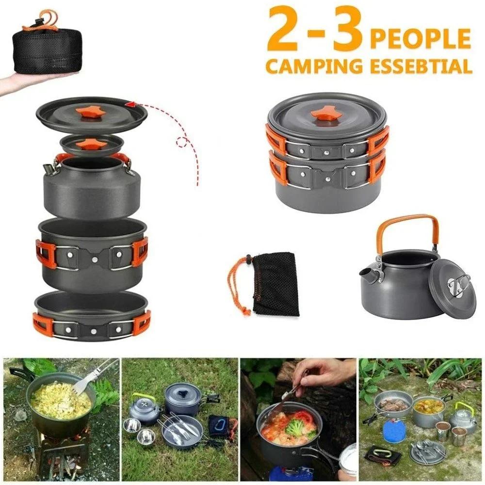 Outdoor Camping Set Pot Tea Pot Set Meal Tableware Combination Portable Picnic Cookware Combination Hiking Picnic and BBQ Tools