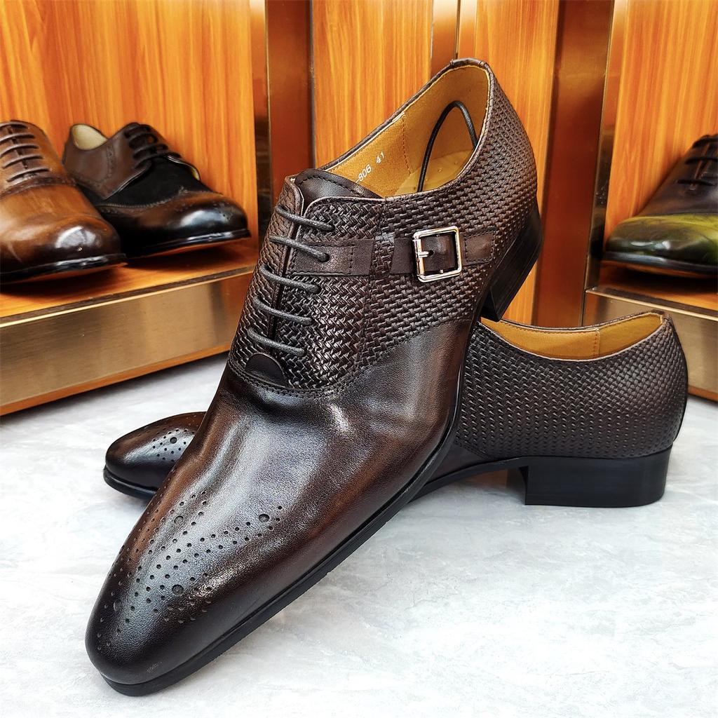 Fashion Luxury Mens Business Genuine Leather Oxfords Fashion Wedding Shoes Lace-up Pointed Toe Black Coffee Brogues Dress Shoes