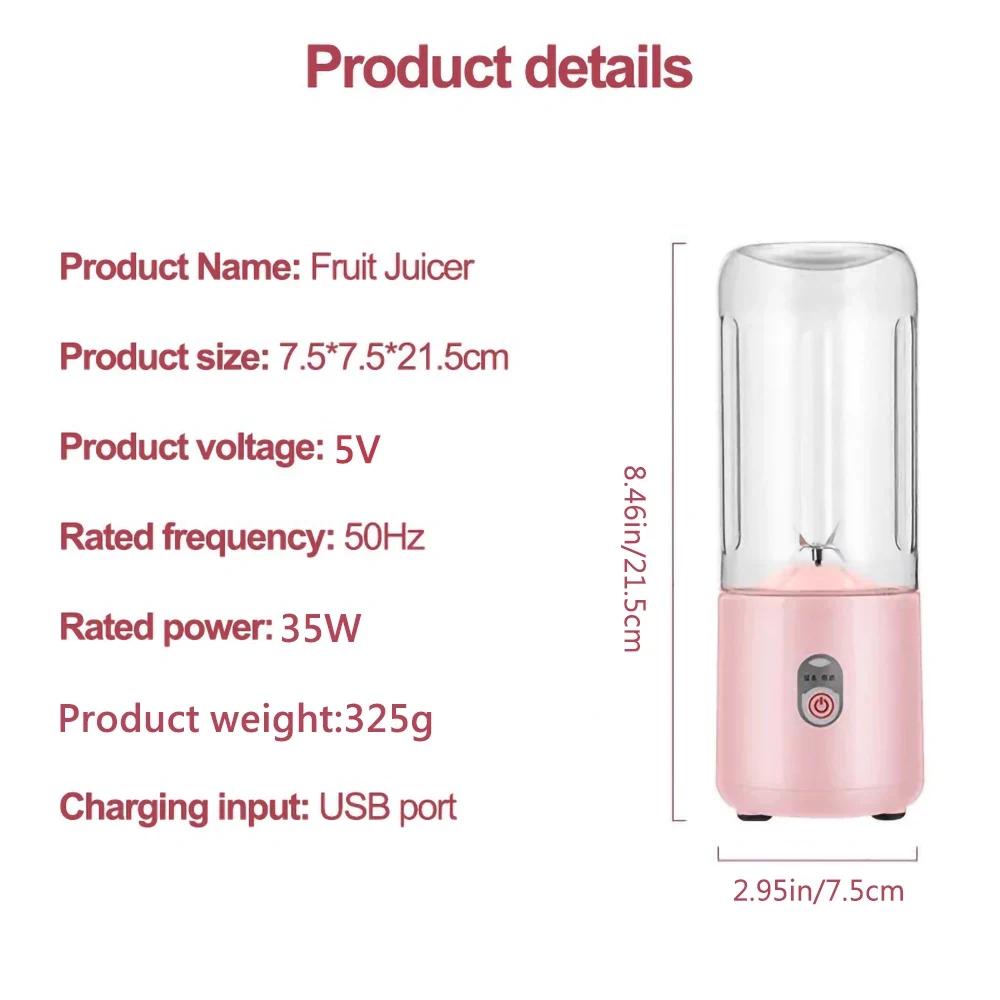 Usb Rechargeable Portable Blender 500Ml Fresh Fruit Juice Mixer 6 Blades Electric Shake Cup Cute Blender Smoothie Ice Crush Cup