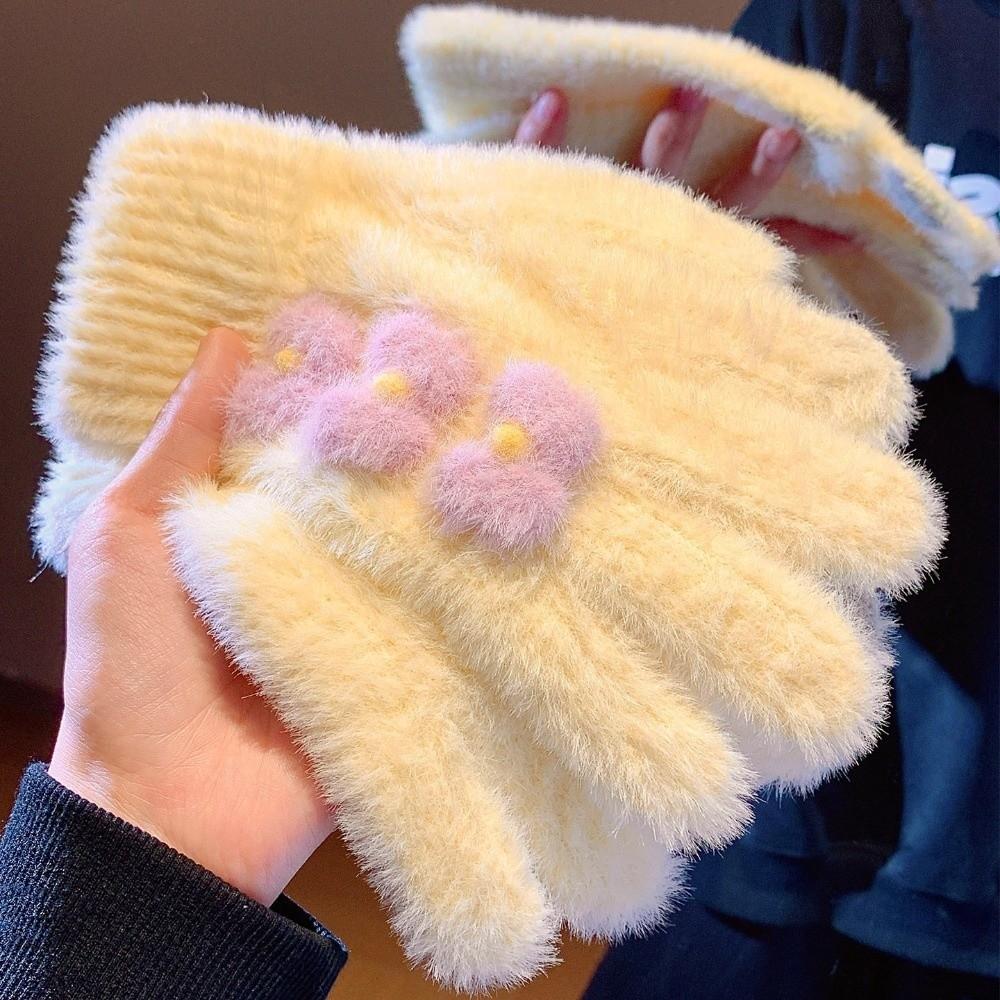 Fuzzy Bow Decorated Knitted Full Finger Gloves Polyester Warm Plush Gloves Cycling Use