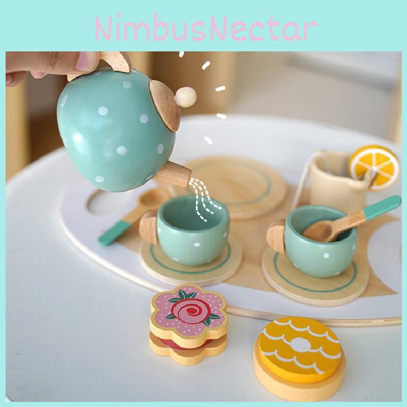 Tea Wooden Set Toddlers Play Party Children Food Dessert Tray Kitchen Teapot
