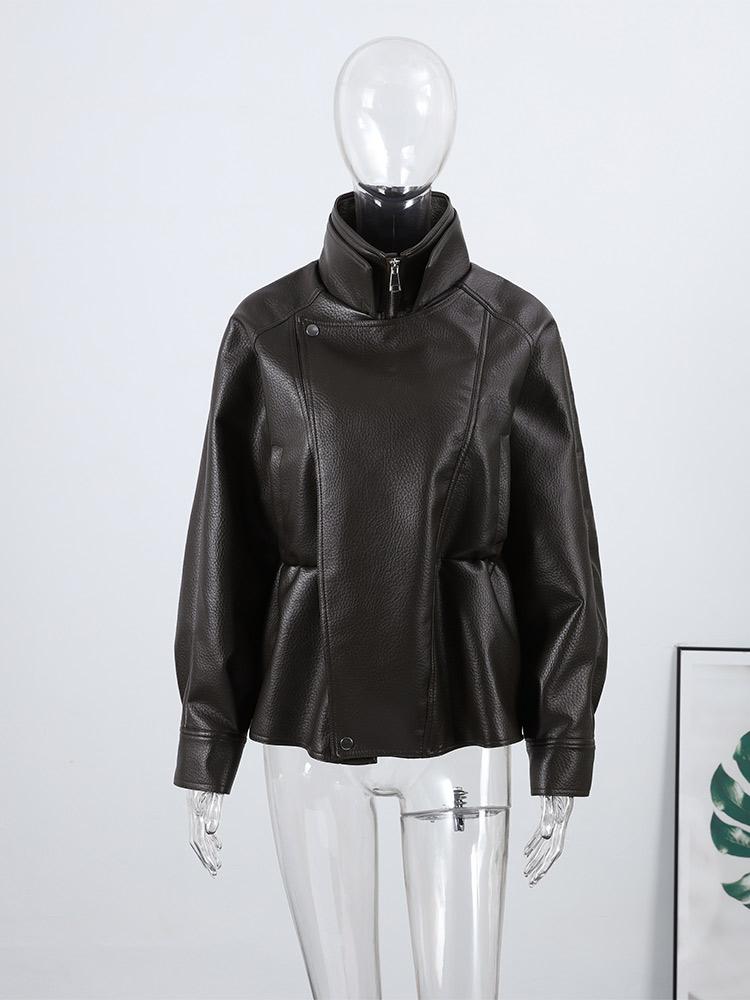 Ladies' Waist Cinched Lapel Leather Jacket Women's Brown Zipper Leather Jacket Windproof Jacket Fashion Style Autumn and Winter