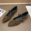 Leopard Print Pointed Mary Jane Shoes Women's 2025 Autumn New Flat-bottomed Large-size One-word Belt Two Wear Shallow Pointed Shoes