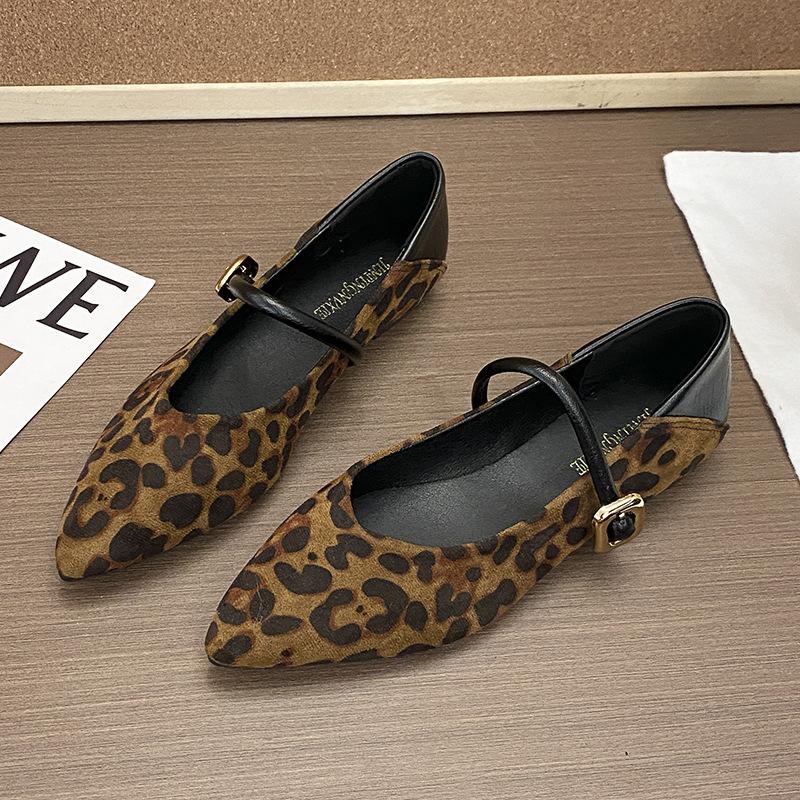 

Leopard print pointed Mary Jane shoes women s 2025 autumn new flat-bottomed large-size one-word belt two wear shallow pointed shoes 40