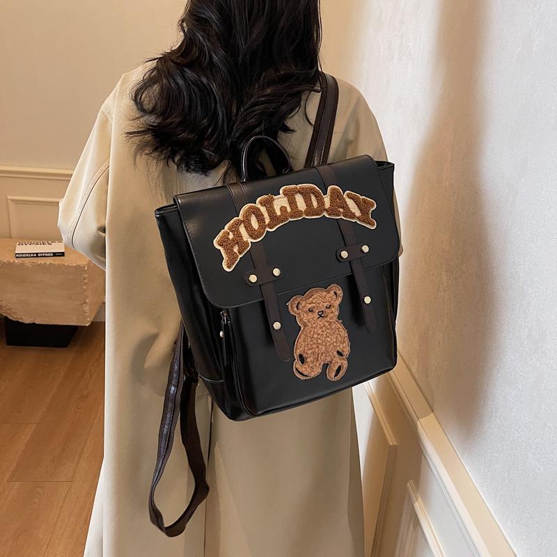 Retro Backpack Women Letter Bear Print Commuter Bag Large Capacity Student School Bag