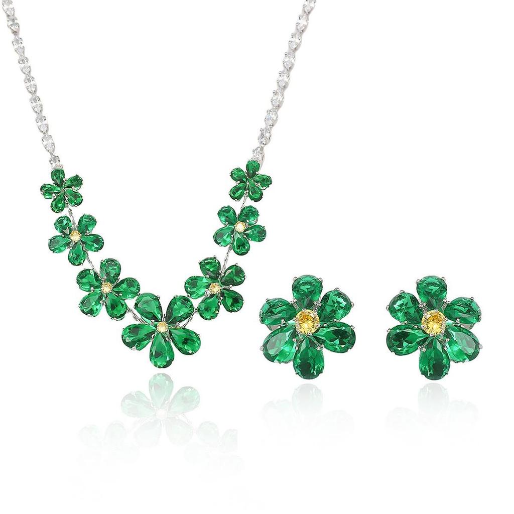 European & American Style Zircon Emerald Necklace & Earrings Set - Plum Blossom Design Clavicle Chain