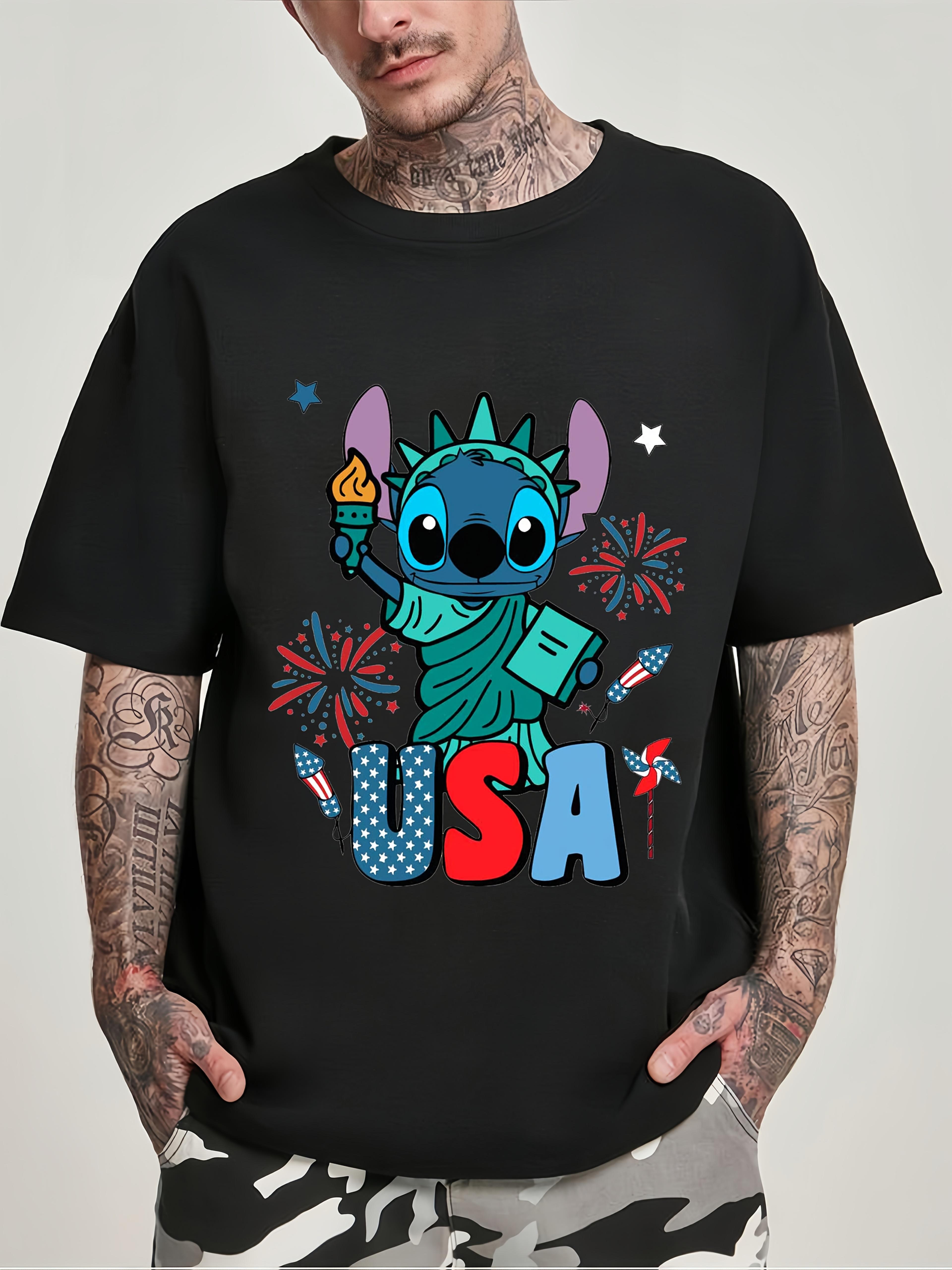 Casual Black T-shirt with Stitch Graphic -  USA  Design S