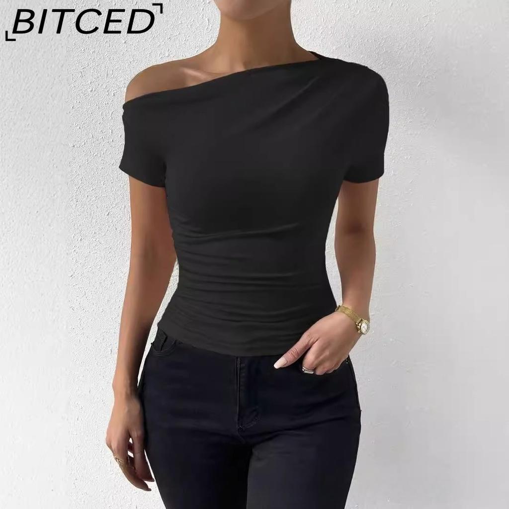 BITCED Spring/Summer Women's Slim-Fit Pleated Asymmetric Hem Short-Sleeved T-Shirt Top