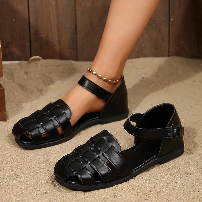 2025 Lyxiga Designerdamsskor Fyrkantiga Platta Läder Gladiator Slip-on Strand Casual Flickvävda Sandaler