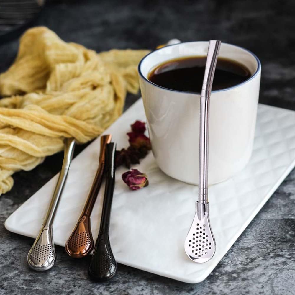 2Pcs Removable Stainless Steel Straw Filter Spoon with 2 Cleaning Brush, Reble Metal Straw Spoon Cocktail Stirrer for Drinking Loose Tea, Ice Coffee,