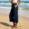 Women Casual Wide Leg Cropped Pants Elastic Waistband Drawstring Loose Fit Capri Trousers Lightweight Breathable Fabric
