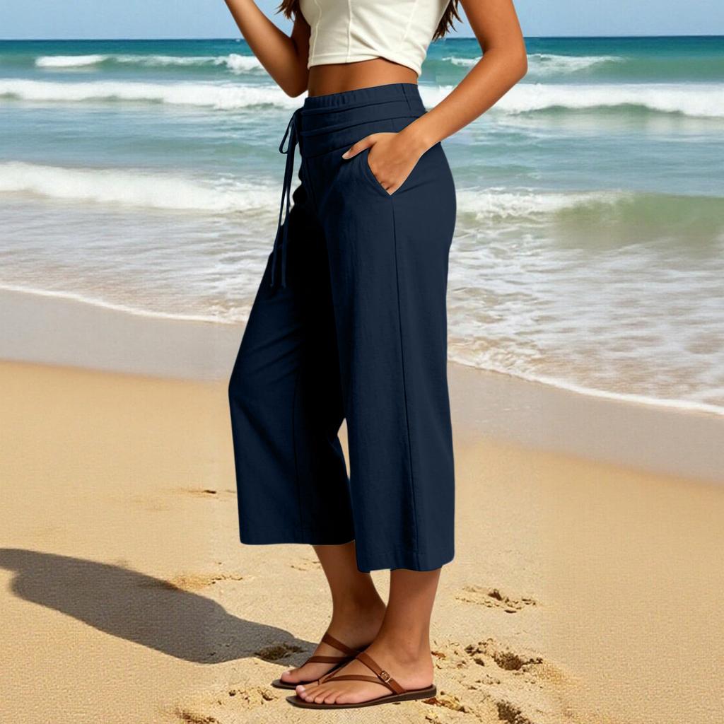 Women Casual Wide Leg Cropped Pants Elastic Waistband Drawstring Loose Fit Capri Trousers Lightweight Breathable Fabric