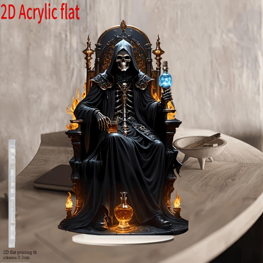 2D Flat Print, Home Decoration Ornaments, Vintage Style Acrylic Reaper Statue with Base, Skull and Flame Design, Home and Office Decoration