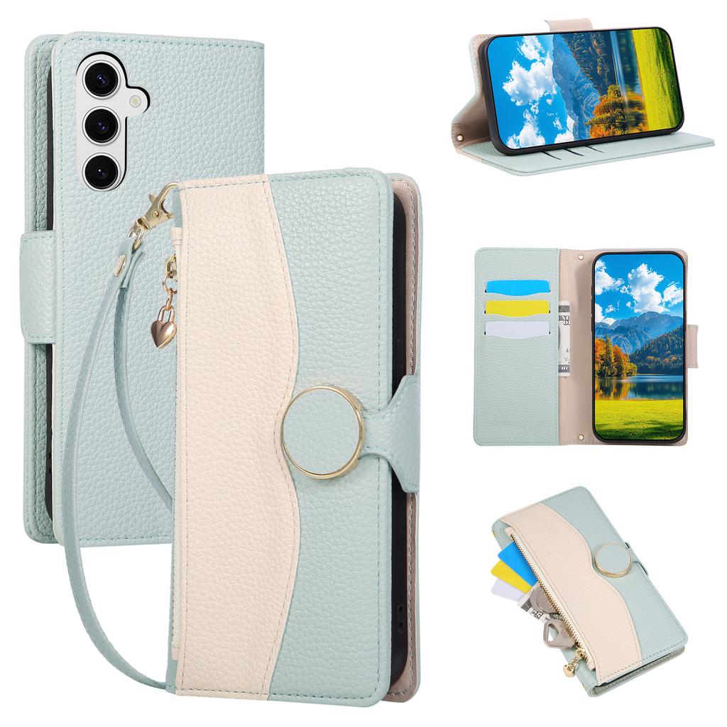 For Samsung Galaxy S25 FE Case Zipper Wallet Color Splicing TPU PU Leather Flip Phone Cover with Strap