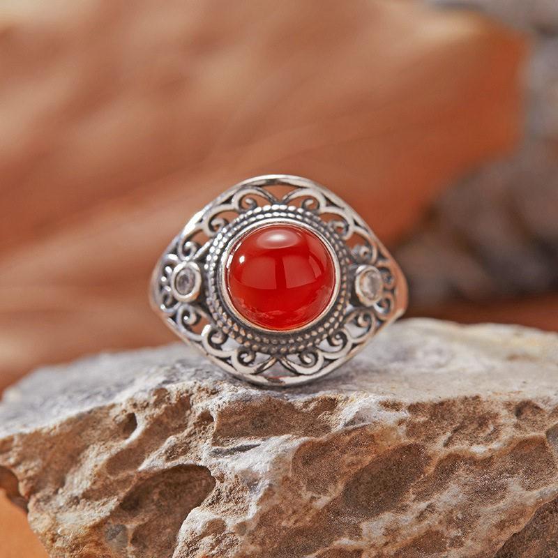 Adjustable Vintage Boho Ring Women Men Natural Stone Jewelry Geometric Hollow Design Copper Band