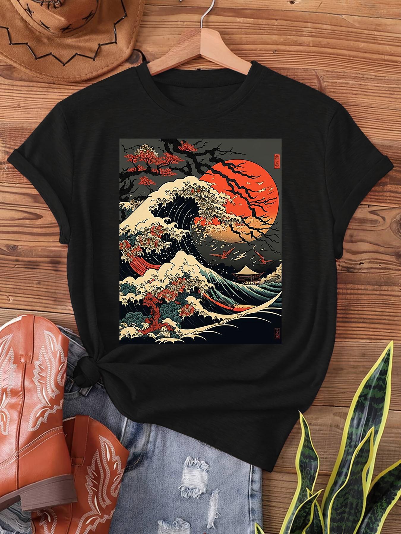 

Vintage Kanagawa Japanese The Great Wave Cherry Blossom Art Print T-shirt, Short Sleeve Crew Neck Casual Top for Summer & Spring, Women s Clothing 5XL різнокольоровий