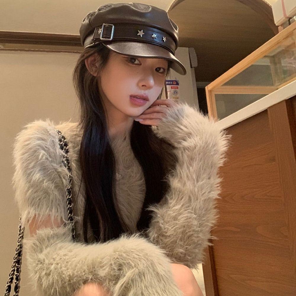 Star Pu Leather Beret Korean Style Painter Hat Retro Octagonal Hat  Outdoor